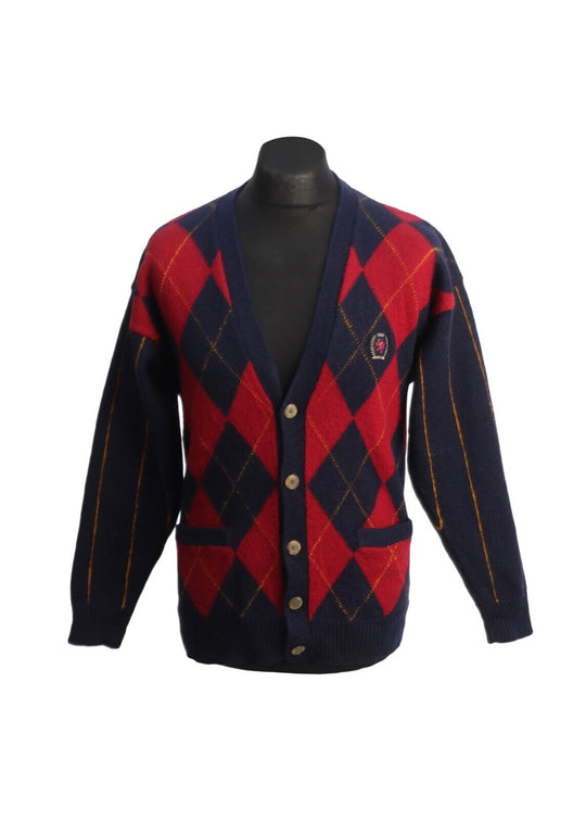 TOMMY HILFIGER Cardigan Navy Blue Wool Argyle Men Jumper Size S