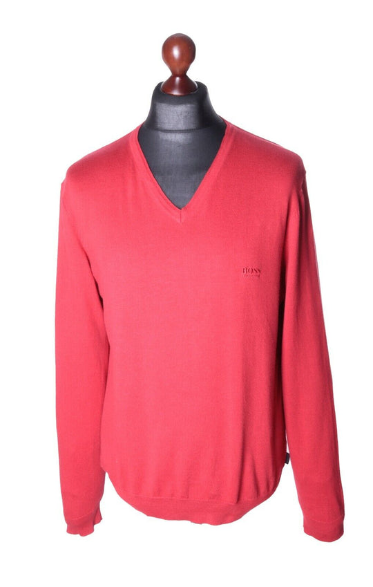Men's HUGO BOSS Red 100% Cotton V-Neck Regular Fit Sweater Size M