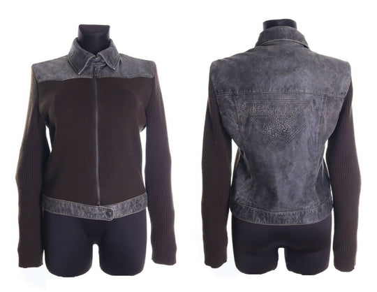 Women's MARLBORO CLASSICS LABEL Vintage Brown Leather Wool Full Zip Jacket Sz L