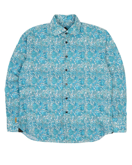 Men's BILLIONAIRE Italy Blue Floral Pattern Luxury Shirt Size 45 / 18.5