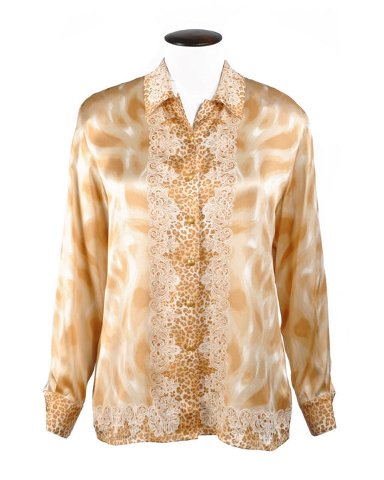ESCADA Shirt Brown Silk Animal Leopard Print Embroidered LS Blouse Size 38
