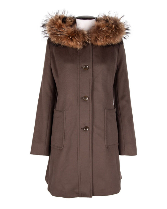 MAX MARA Fur Coat Brown Wool Womens Long Hooded Jacket Size 10 UK / 8 US / 42 IT