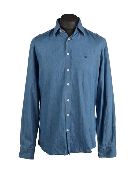 Men's HACKETT London Blue Polka Dot Denim Jeans Cotton Logo Shirt Size L