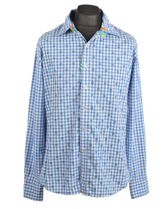ROBERT GRAHAM Blue Check Embroidered Cotton Men's Casual Shirt Size L