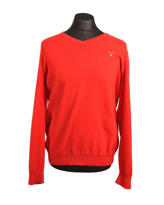 GANT Sweater Red Cotton Cashmere V-Neck Ribbed Trim Mens Knit Pullover Size XL