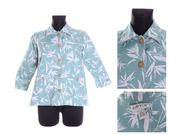 Women's ORVIS Mint Denim Cotton Floral Summer 3/4 Sleeve Jacket Size 6 Petite