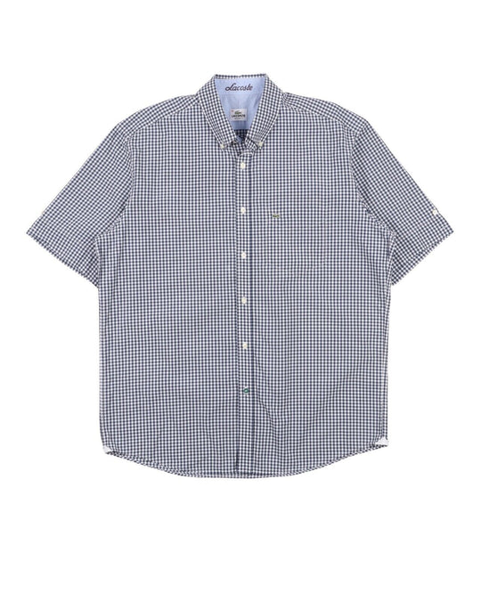 LACOSTE Shirt White Navy Check Cotton Men's Button Down Short Sleeve Size 43
