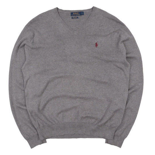 Men's POLO RALPH LAUREN Grey Cotton V Neck Sweater Jumper Size L