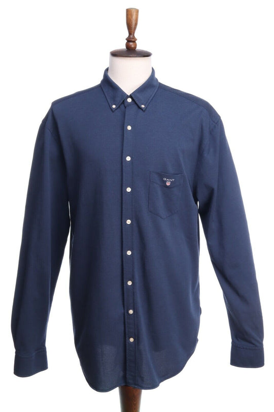 GANT Navy Blue Cotton Blend Tech Prep Pique Regular Shirt Size 2XL / 18 / 45-46