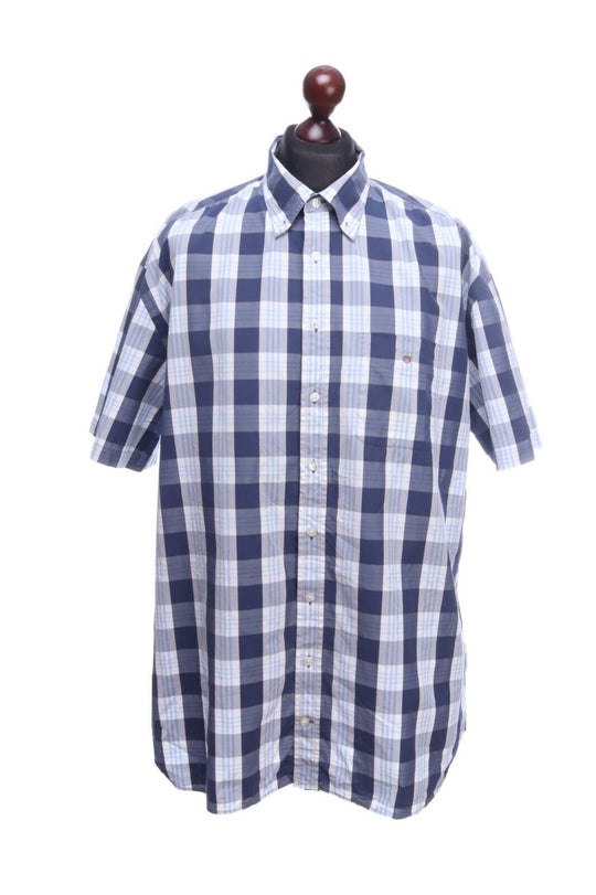 GANT Blue Check Cotton Portofino Poplin Reg Fit Short Sleeve Shirt Size 2XL