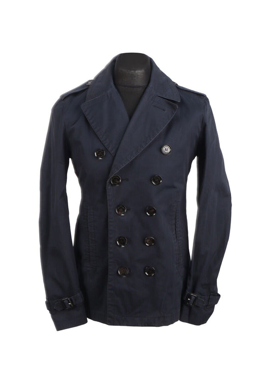 BURBERRY Pea Coat Navy Blue Cotton Men's Double Breasted Overcoat Size 48 IT / M