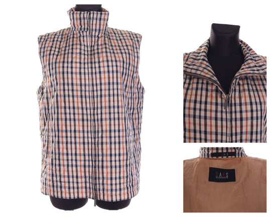 Women's DAKS Signature Beige Check Full Zip Quilted Waistcoat Vest Size 42