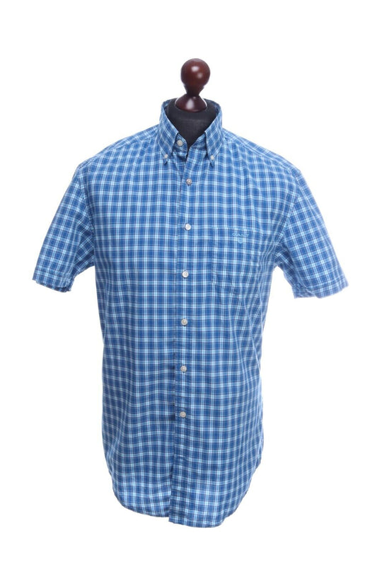 GANT Blue Check Cotton Regular Fit Dogleg Poplin Shirt Size L