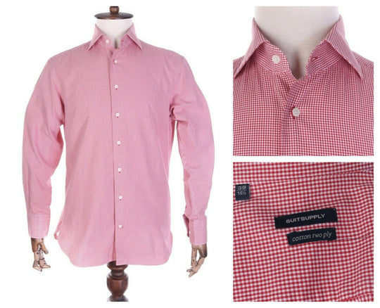 Men's SUITSUPPLY Red Check 100% Cotton Two Ply LS Shirt Size 39 / 15,5