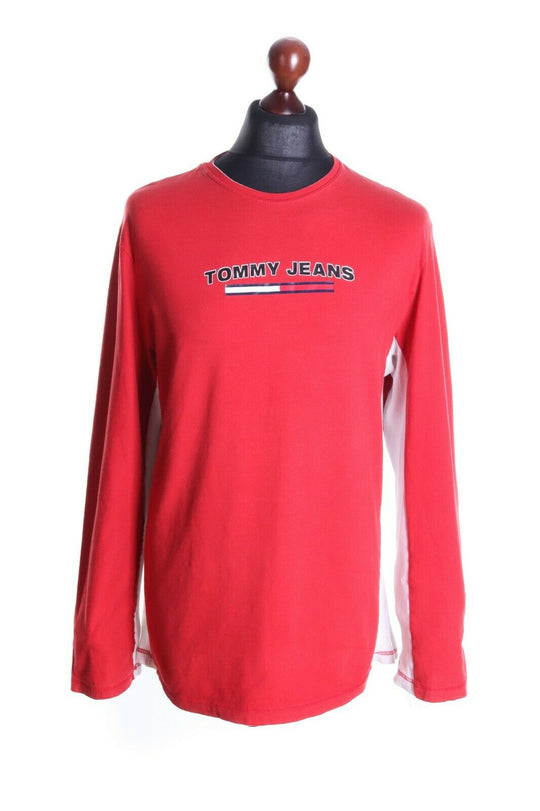 TOMMY HILFIGER JEANS Red Cotton Front Logo Long Sleeve T-Shirt Size L