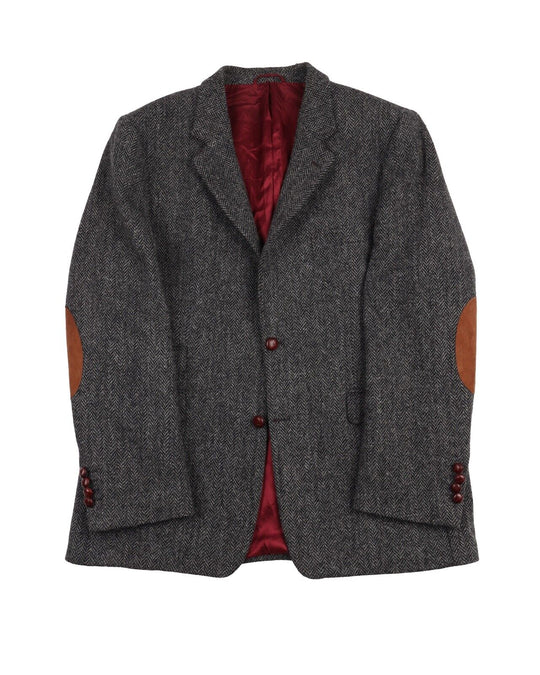 HARRIS TWEED Jacket Gray Wool Herringbone Elbow Patches Mens Blazer Coat Size 54