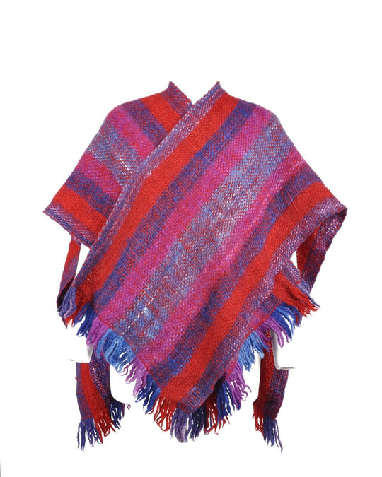 MANOS DEL URUGUAY Cape Multicolor Striped Virgin Wool Fringe Hem Womens Poncho