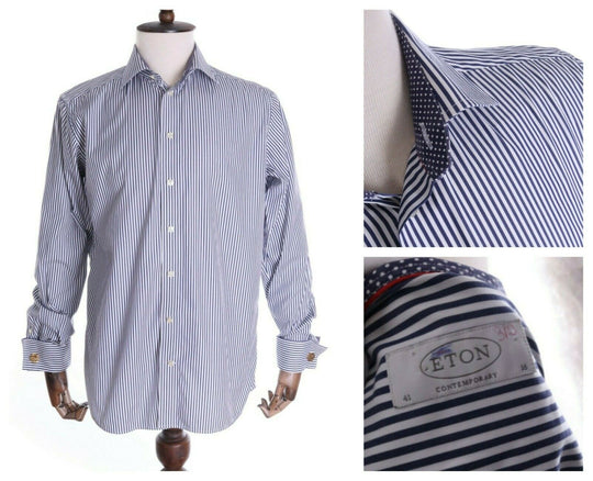 Men's ETON Contemporary Blue Striped 100% Cotton LS Dress Shirt Size 41 / 16