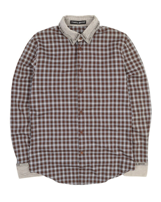 Men's FRANKIE MORELLO Brown Check Corduroy Collar Cotton Shirt Size M