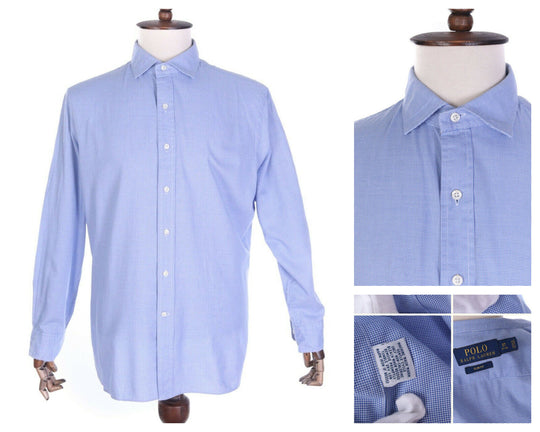 Men's POLO RALPH LAUREN Blue Houndstooth 100% Cotton LS Slim Shirt Sz 17 / 34-35