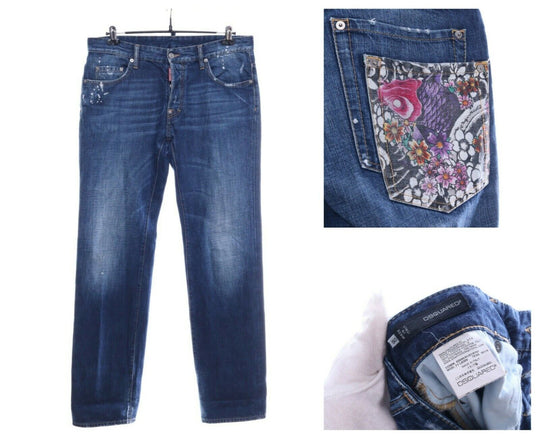 Men's DSQUARED2 Navy Cotton Floral Double Pocket Casual Denim Jeans Size 50