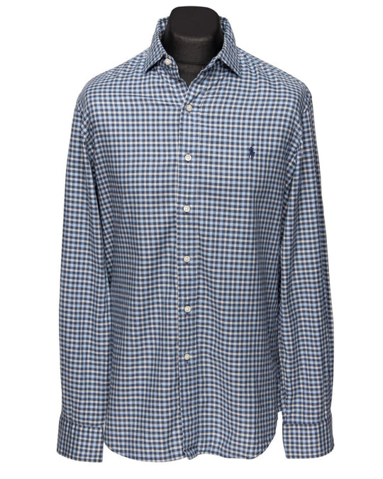 POLO RALPH LAUREN Shirt Navy Blue Check Cotton Men's Button Up Slim Fit Size L