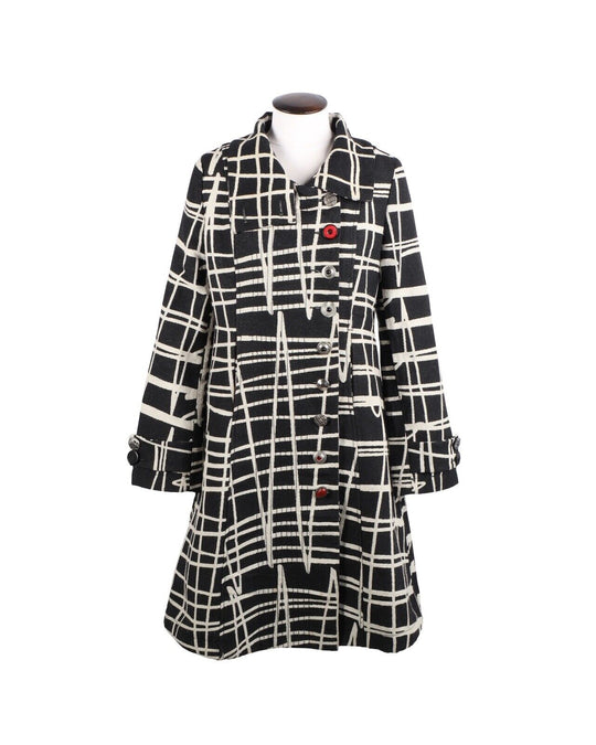 DESIGUAL Coat Black Geometric Lines Check Women's Overcoat Size 44 IT