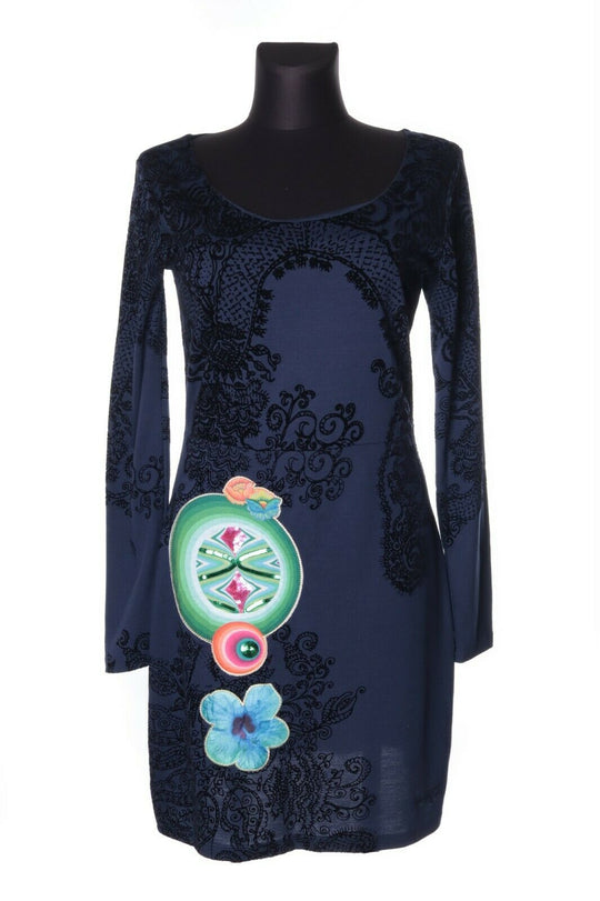 Women's DESIGUAL Navy Viscose Embroidered Dress Size M