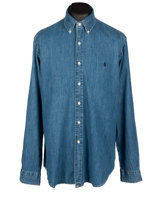 RALPH LAUREN Shirt Blue Denim Cotton Men's Button Down Classic Fit Size L