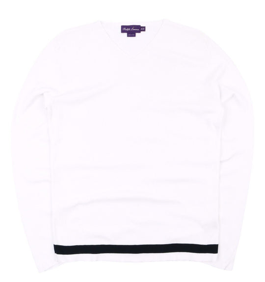 RALPH LAUREN Purple Label Sweater White Cotton V Neck Mens Knit Pullover Size M