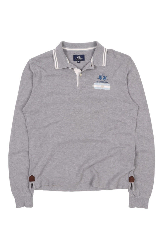 Men's LA MARTINA Grey Pique Cotton Long Sleeve Polo Shirt Size M