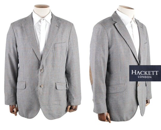 Men's HACKETT Grey Cotton Wool Prince Wales Check Blazer Jacket Size 46 / 56