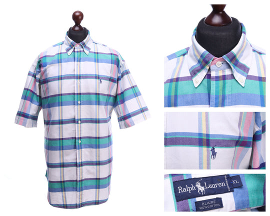 RALPH LAUREN Blaire Cotton Windowpane Check Short Sleeve Shirt Size XL