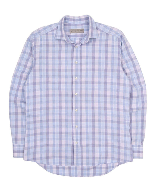 Men's ETRO Italy Blue Cotton Check Textured LS Shirt Size 40 / M