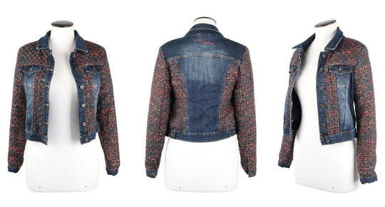 Women's Desigual Blue Embroidered Denim Jeans Short Jacket Size 34