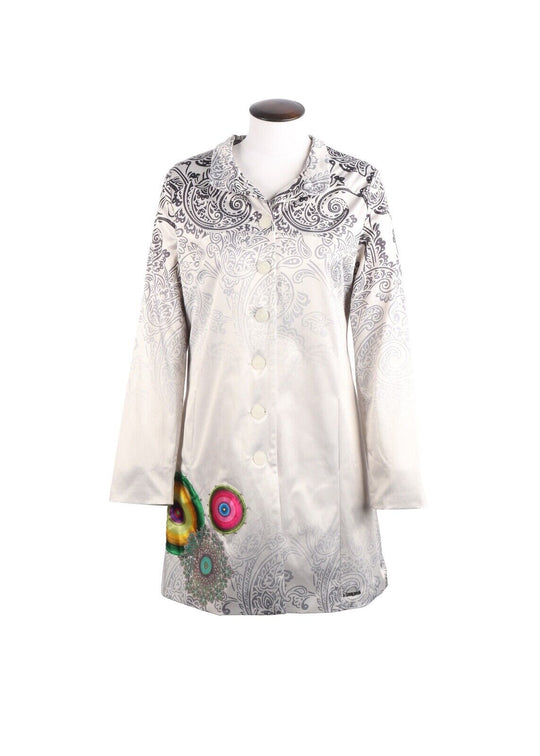DESIGUAL Coat White Printed Women's Overcoat Size 40 IT