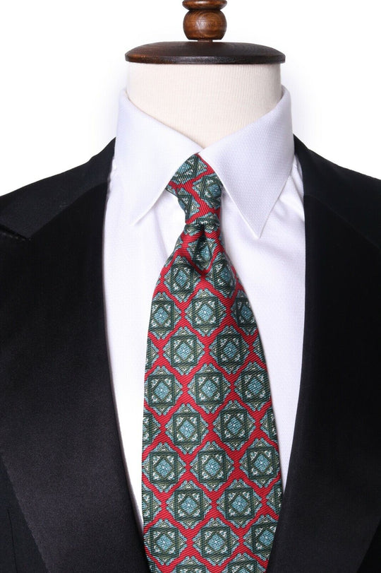 Men's BURBERRYS LONDON Vintage 100% Silk Green Red Geometric Print Tie Necktie