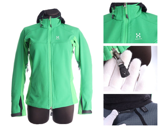 HAGLOFS Apple Green Microfleece Hooded Softshell Outdoor Jacket Size EU 36 UK 10
