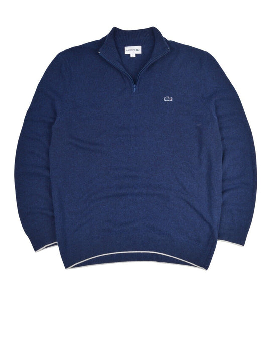 LACOSTE Zip Neck Sweater Navy Wool Men's Knit Elbow Patches Pullover Size 5 / L