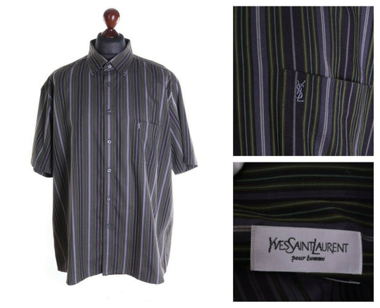 Men's YVES SAINT LAURENT Grey Green Striped 100% Cotton SS Shirt Size 2XL