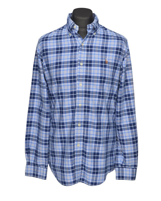 RALPH LAUREN Shirt Blue Check Oxford Cotton Mens Custom Fit Button Down Size M