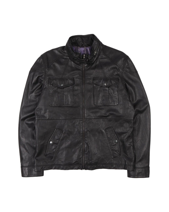 TED BAKER Leather Jacket Black Full Zip Biker Men's Bomber Size 6 / XL