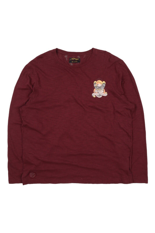 Men's ED HARDY Bordeaux Red Cotton Crew Neck Longsleeve T Shirt Size XL
