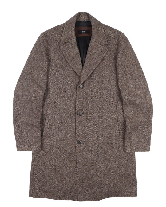 HUGO BOSS Road Coat Brown Herringbone Wool Mens Overcoat Size 54 EU   44 US