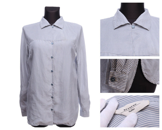 MAX MARA Blue Striped 100% Silk Long Sleeve Pleated Shirt Size uk 8 it 40