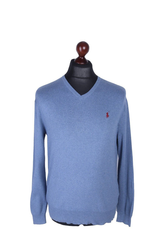 Men's RALPH LAUREN POLO Blue 100% Cotton V-Neck Jumper Size s