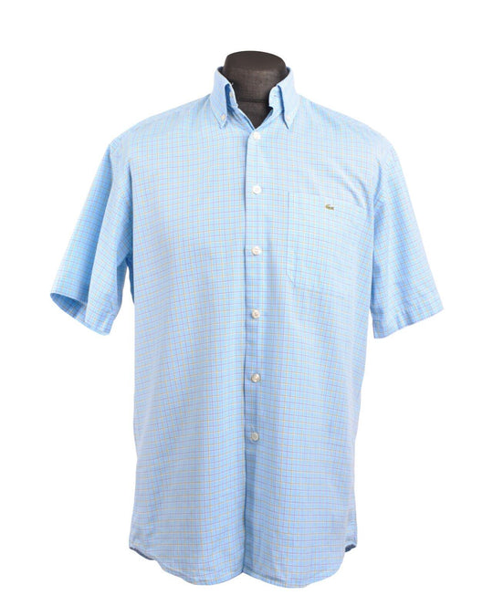 LACOSTE Shirt Blue Check Cotton Short Sleeve Men's Size M