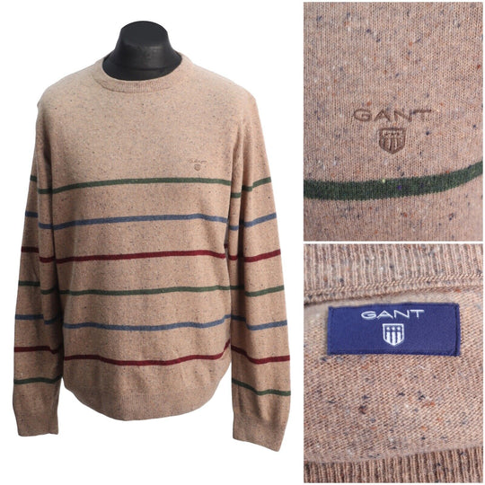 GANT Jumper Brown Wool Crew Neck  Striped Men's Pullover Size L