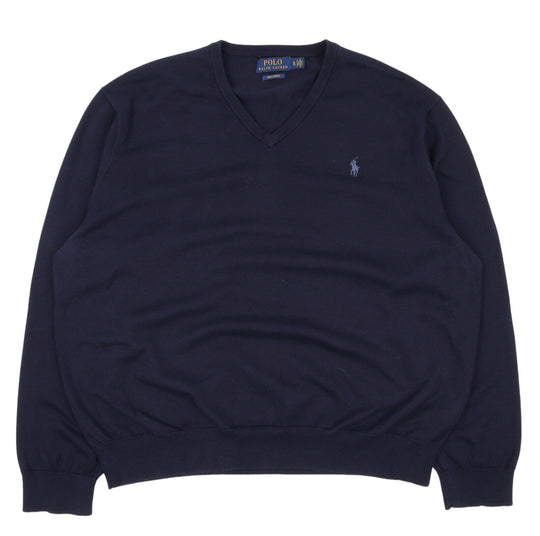 Men's POLO RALPH LAUREN Navy Blue Pima Cotton V-Neck Jumper Size XL