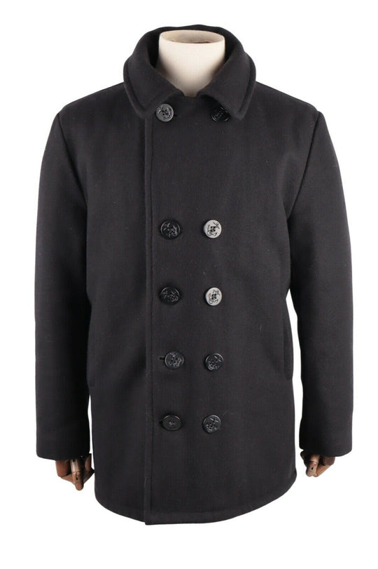 Men's SCHOTT USA Navy Wool Blend Military Double Breasted Short Pea Coat Size L